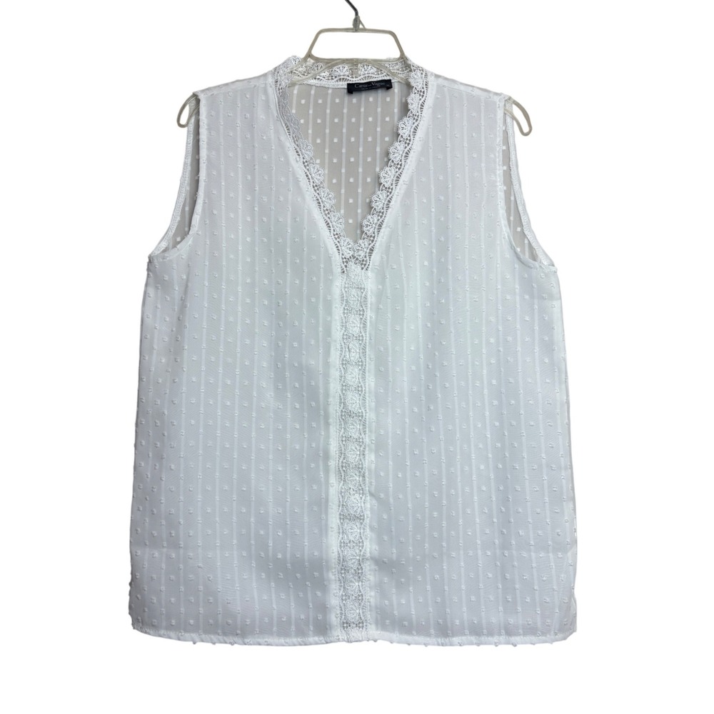 Coeur de Vague Swiss Dot Lace Trim Blouse Womens XL White Top Coquette Chic